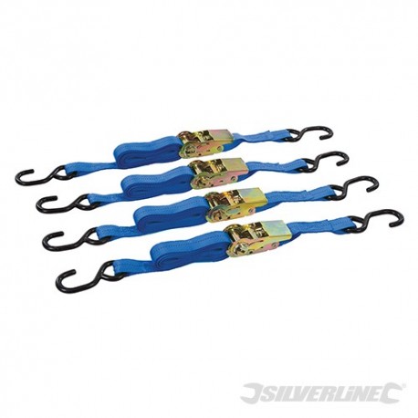 Ratchet Tie Down Strap S-Hook 4m x 25mm 4pk - Rated 250kg Capacity 725kg